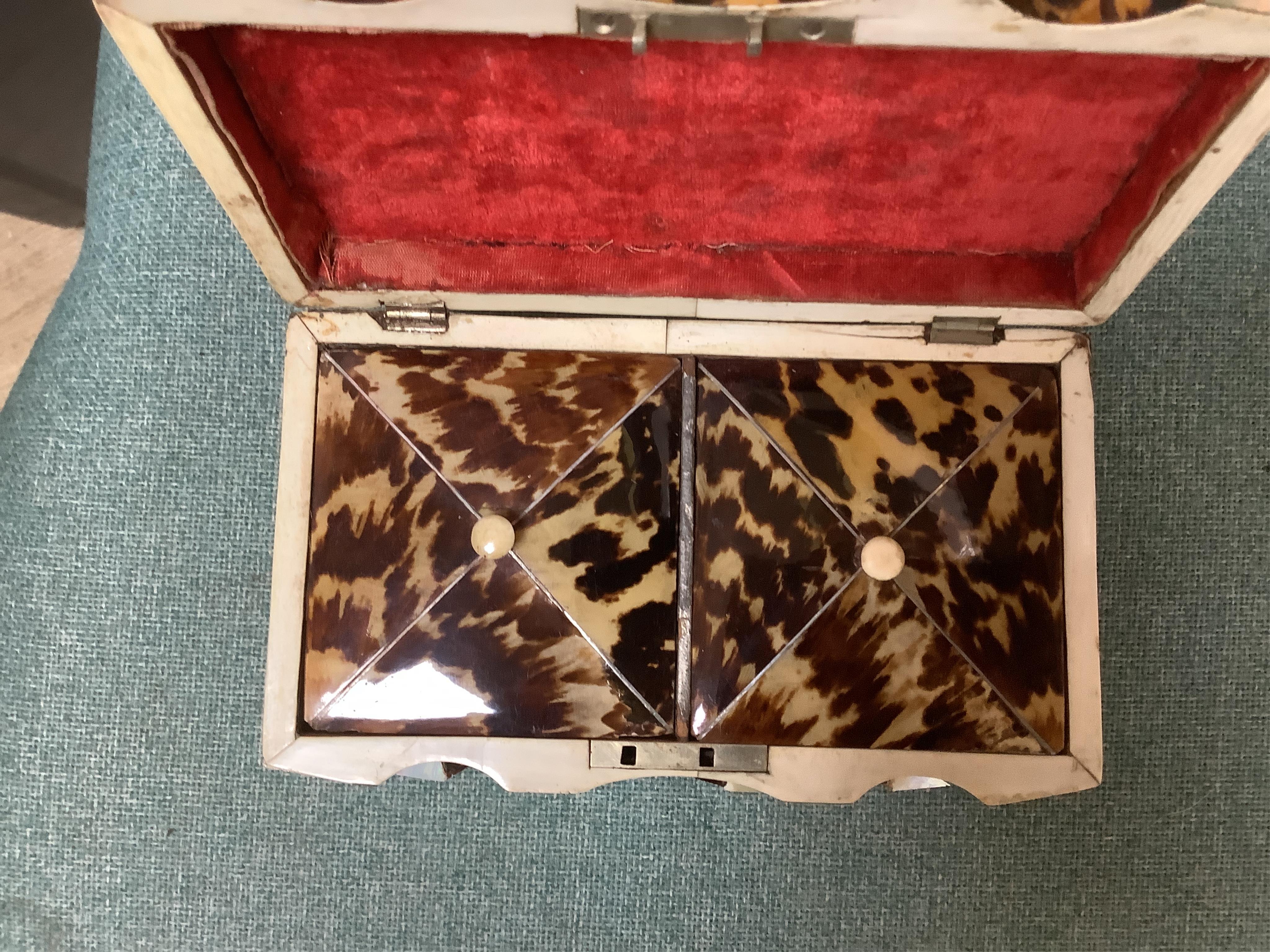 A mid 19th century decorative tortoiseshell and mother of pearl tea caddy, 20cm wide x 12.5cm high CITES Submission reference CXXC25Q1